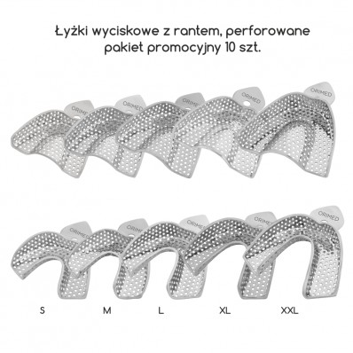 ŁYŻKI WYCISKOWE Z RANTEM - Perforowane - PAKIET PROMOCYJNY, 10 szt., góra + dół: S, M, L, XL, XXL